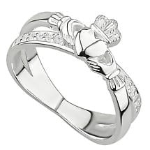SALE | Irish Rings | Sterling Silver Ladies Crystal Crossover Claddagh Ring Product Image